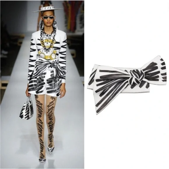 NWT Moschino Black & White Abstract Leather Bow Belt BEAUTY Black & White Belt With Double Bow Detail: Women main image 2